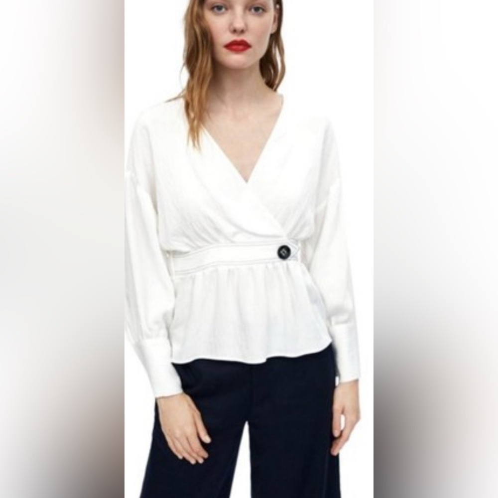 Zara - NWT White Puff Sleeve Elastic Waist Lightweight Peplum Blouse Size XS